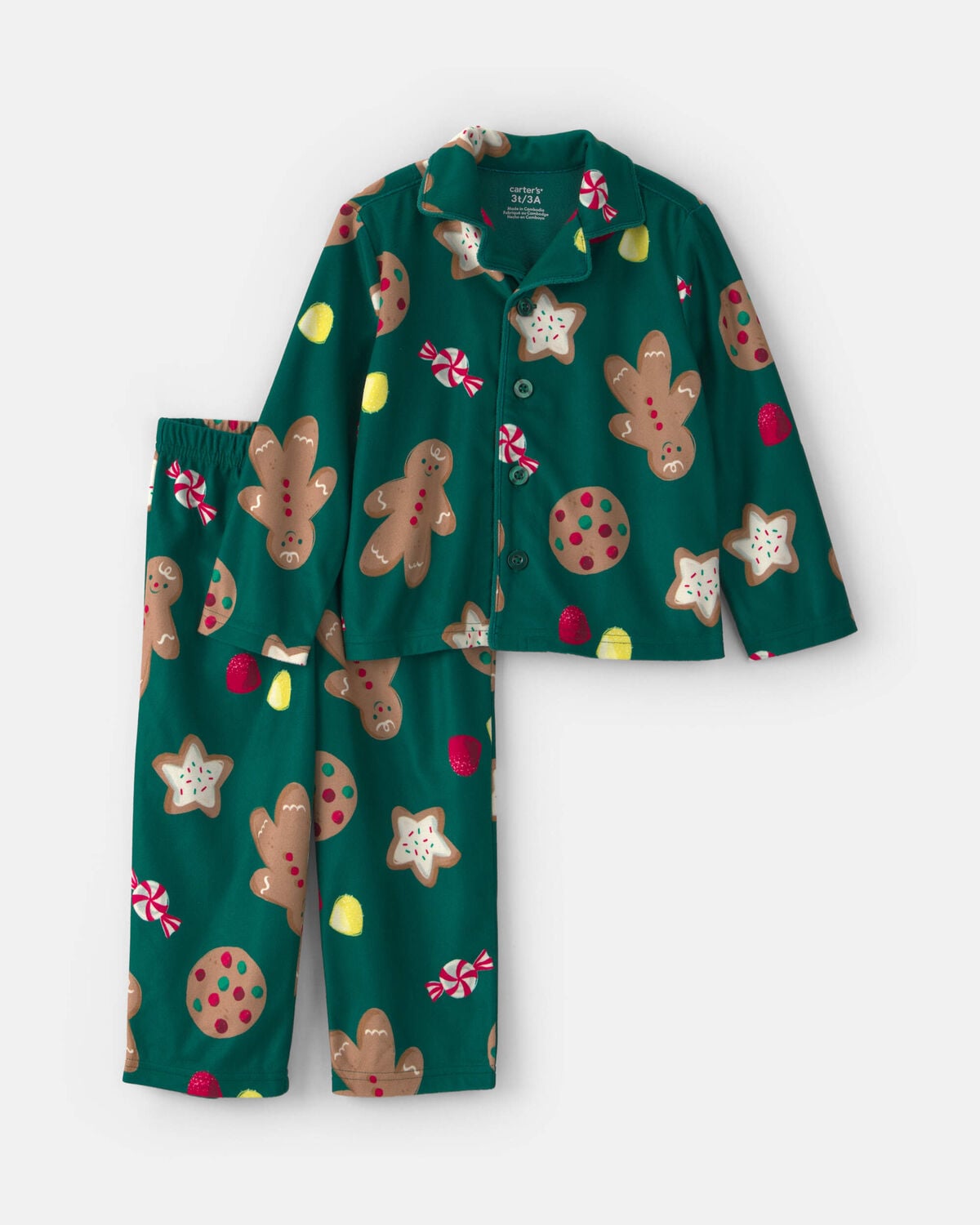 Toddler 2-Piece Christmas Gingerbread Fleece Loose Fit Pajama Set - Green