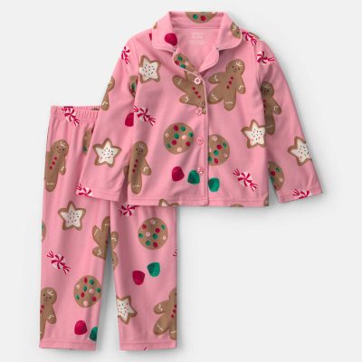 Toddler Girl 2-Piece Christmas Gingerbread Fleece Loose Fit Pajama Set - Pink