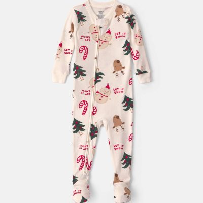 Toddler 1-Piece Christmas Icon 100% Cotton Snug Fit Footed Pajama - Cream