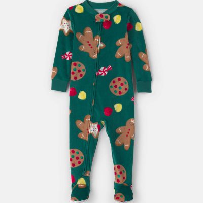 Toddler 1-Piece Christmas Gingerbread DreamPlush Snug Fit Footed Pajama - Green