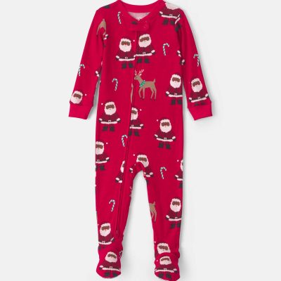 Toddler 1-Piece Brown Santa Christmas 100% Cotton Snug Fit Footed Pajama - Red