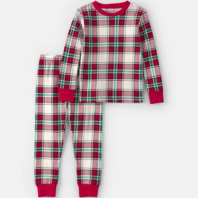 Toddler 2-Piece Christmas Plaid 100% Cotton Snug Fit Pajama Set - Red/Green
