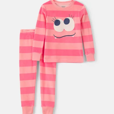 Toddler Girl 2-Piece Monster Striped DreamPlush Snug Fit Pajama Set - Coral