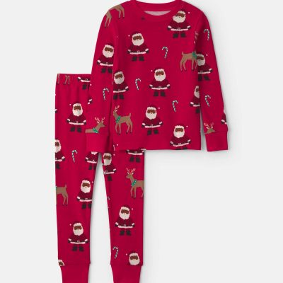 Toddler 2-Piece Brown Santa Christmas 100% Cotton Snug Fit Pajama Set - Red