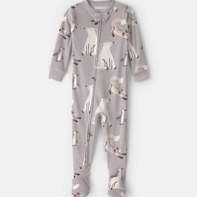 Toddler Boy 1-Piece Winter Animals DreamPlush Snug Fit Footed Pajama - Grey