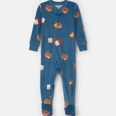 Toddler Boy 1-Piece Smores DreamPlush Snug Fit Footed Pajama - Navy Blue