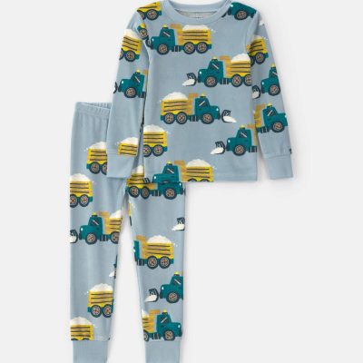 Toddler Boy 2-Piece Snow Trucks DreamPlush Snug Fit Pajama Set - Blue