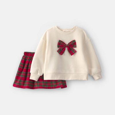 Toddler Girl 2-Piece Bow Plaid Fleece Long-Sleeve Top & Skort Set - Cream/Red