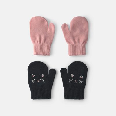 Toddler Girl 2-Pack Cat Halloween Mittens - Black/Pink
