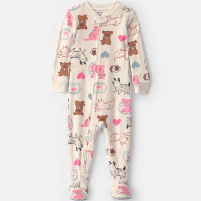 Toddler Girl 1-Piece Pets DreamPlush Snug Fit Footed Pajama - Cream