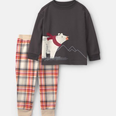 Toddler Boy 2-Piece Polar Bear Christmas Plaid Fleece Loose Fit Pajama Set - Grey/Orange