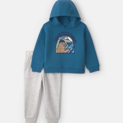 Toddler Boy 2-Piece Walrus Fleece Hoodie & Pant Set - Blue/Grey