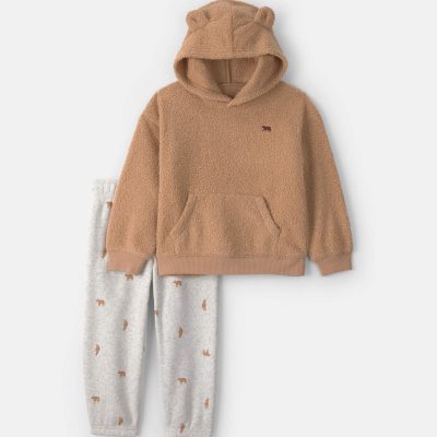 Toddler Boy 2-Piece Bear Fleece Hooded Top & Pant Set - Brown/Grey