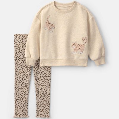 Toddler Girl 2-Piece Leopard Fleece Long-Sleeve Top & Pant Set - Brown/Cream