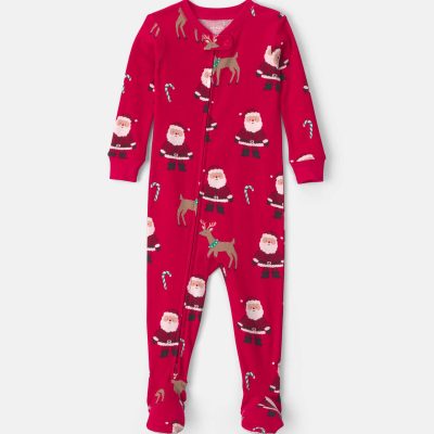 Toddler 1-Piece Beige Santa Christmas 100% Cotton Snug Fit Footed Pajama - Red