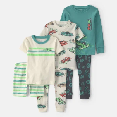 Toddler Boy Cars 100% Cotton 6-Piece Pajama Sets - Green/Cream