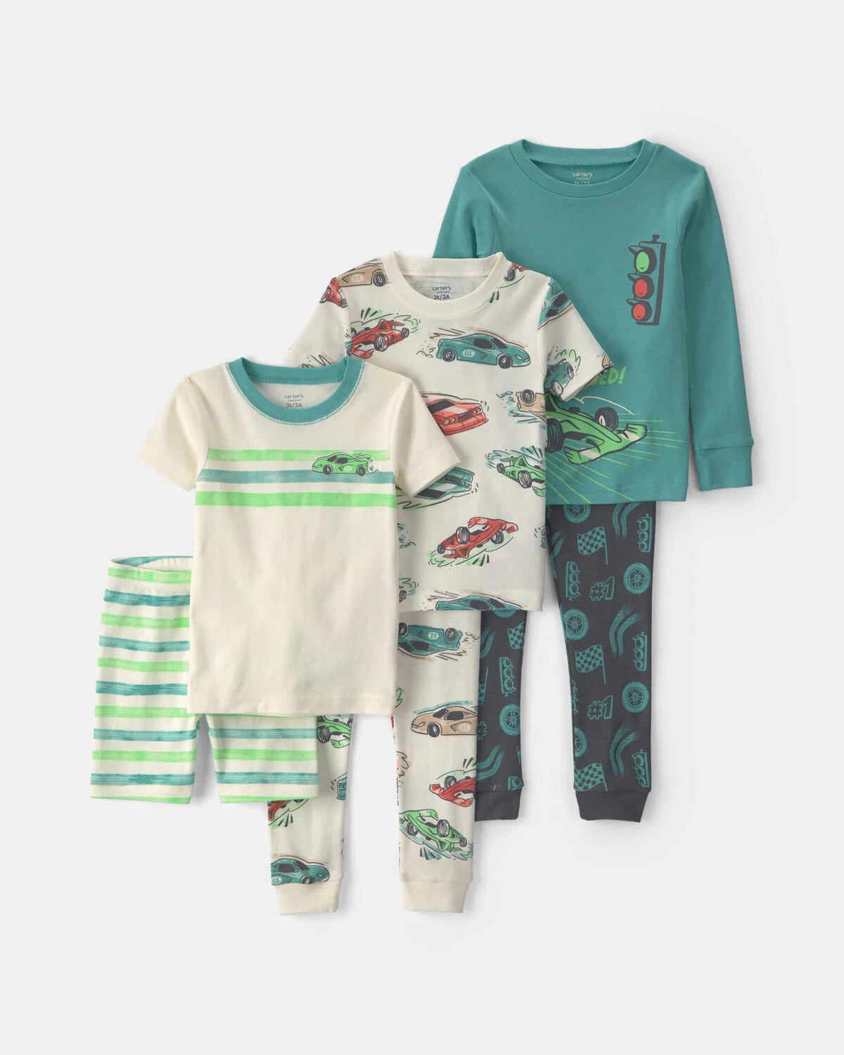 Toddler Boy Cars 100% Cotton 6-Piece Pajama Sets - Green/Cream