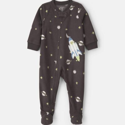 Toddler Boy 1-Piece Space Fleece Loose Fit Footed Pajama - Black
