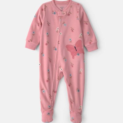 Toddler Girl 1-Piece Butterfly Fleece Loose Fit Footed Pajama - Pink