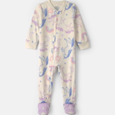 Toddler Girl 1-Piece Unicorn Fleece Loose Fit Footed Pajama - Cream