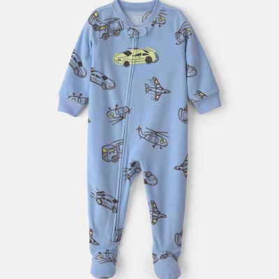 Toddler Boy 1-Piece Racecar Fleece Loose Fit Footed Pajama - Blue/Green