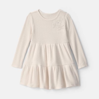 Toddler Girl Flower Ribbed Long-Sleeve Dress - Cream