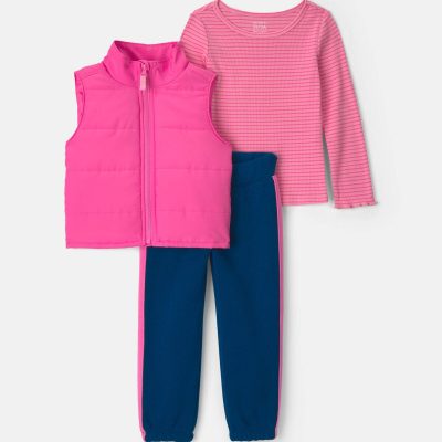 Toddler Girl 3-Piece Striped Poplin Long-Sleeve Layering Set - Pink/Navy Blue