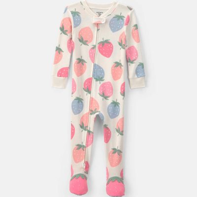 Toddler Girl Strawberry Cotton Snug Fit 1-Piece Pajama - Pink/White