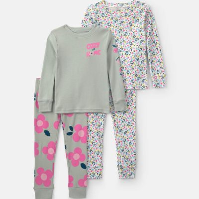 Toddler Girl 'Cozy at Home' Floral Cotton Snug Fit 4-Piece Pajama Set - Green/Pink