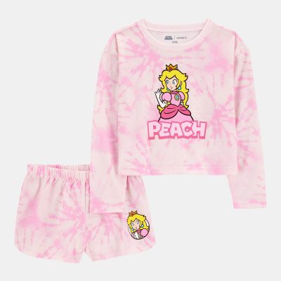 Kid Super Mario Bros™ Princess Peach Print Loose Fit 2-Piece Pajamas - Pink
