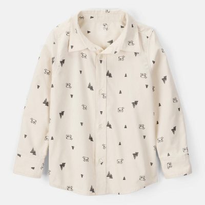 Boys Christmas Print Corduroy Long-Sleeve Button-Down Shirt - Ivory
