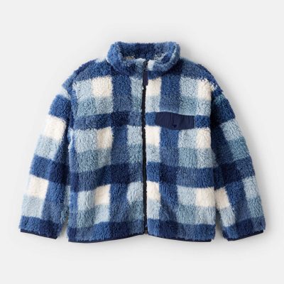 Boys Plaid Sherpa Long-Sleeve Zip-Up Jacket - Blue