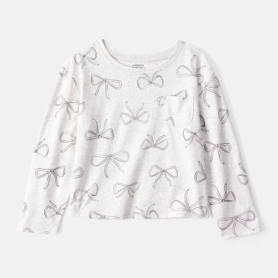 Girls Bow Print Long-Sleeve Top - Grey