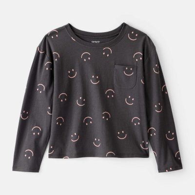 Girls Smiley Face Print Long-Sleeve Top - Black