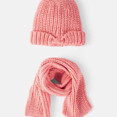 Girls 2-Piece Shimmer Winter Hat & Scarf - Coral