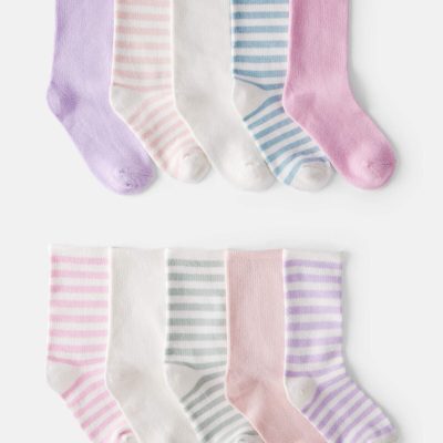 Girls 10-Pack Striped Crew Socks