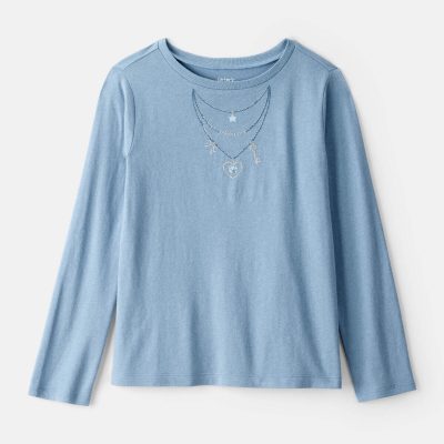 Girls Charm Necklace Long-Sleeve Graphic Tee - Blue