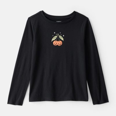 Girls Halloween Pumpkin Long-Sleeve Graphic Tee - Black