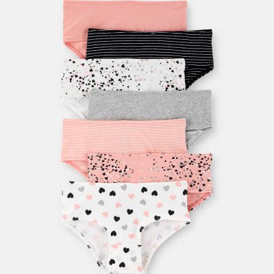 Girls 7-Pack Heart Print Brief Underwear - Black/White/Orange