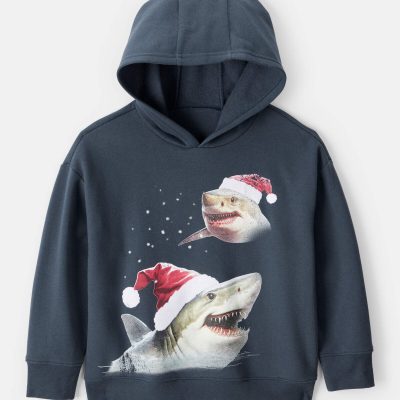 Boys Christmas Santa Shark Long-Sleeve Fleece Hoodie - Navy