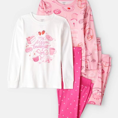 Girls Desserts 100% Cotton Snug Fit 4-Piece Pajamas - Pink/White