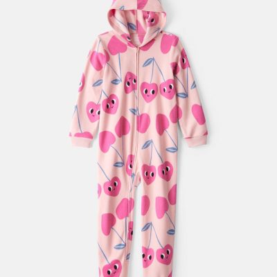 Girls Cherry Long-Sleeve Loose Fit 1-Piece Pajamas-Pink