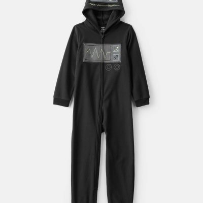 Boys Robot Fleece Hooded Zip-Up 1-Piece Pajama Jumpsuit - Black