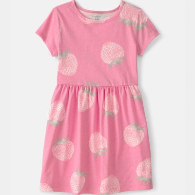 Girls Strawberry Short-Sleeve Dress - Pink