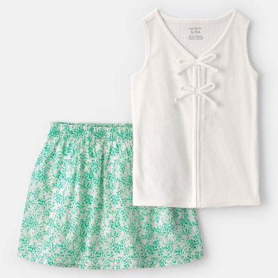 Girls 2-Piece Floral Sleeveless Top & Skort Set - Green/Ivory
