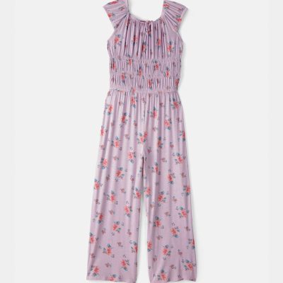 Girls Floral Smocked Jumpsuit - Purple