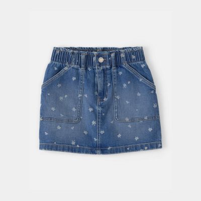 Girls Floral Denim Utility Skirt - Dark Wash