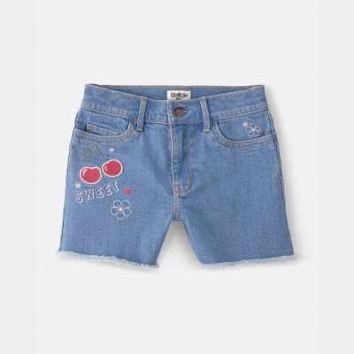 Girls Cherry Denim Embroidered Midi Shorts - Medium Wash