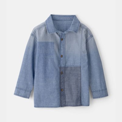 Boys Patchwork Chambray Button-Down Shirt - Blue