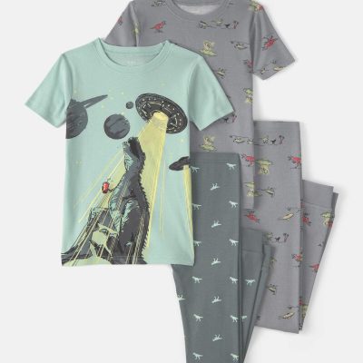 Boys Dinosaur 100% Cotton Snug Fit 4-Piece Pajama Set - Green/Grey